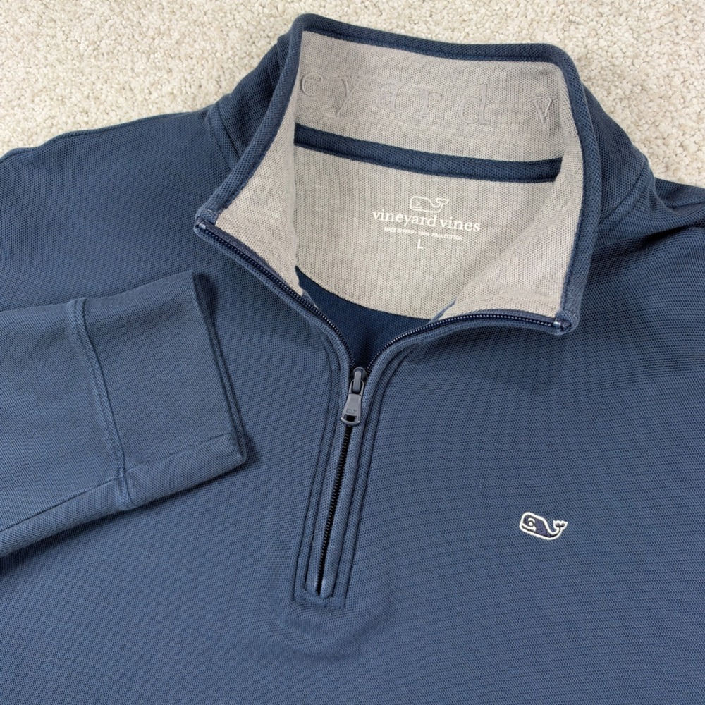 Vineyard Vines Quarter Zip Pullover Mens L Blue Pima Cotton Pique Whale Logo